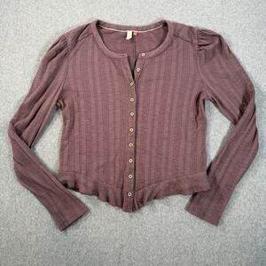 Anthropologie Plum Ribbed Button-Front Long Sleeve Top